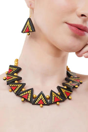 Handmade Clay Jewelry Set: Black & Pink Triangle Necklace Earrings